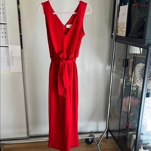by Anthropologie Sm Red V-Neck Belted Pockets Cathy Structured Wide Leg Jumpsuit